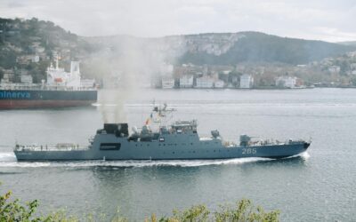Navy warship cruising through the Bosphorus in Istanbul, Turkey, near Sarıyer.
