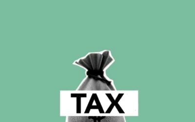 Concept cutout paper composition of businessman with bag of money for taxes instead of head against green background