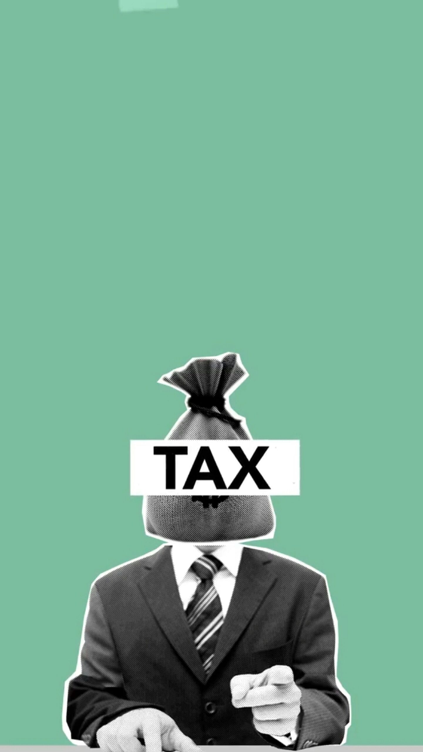Concept cutout paper composition of businessman with bag of money for taxes instead of head against green background